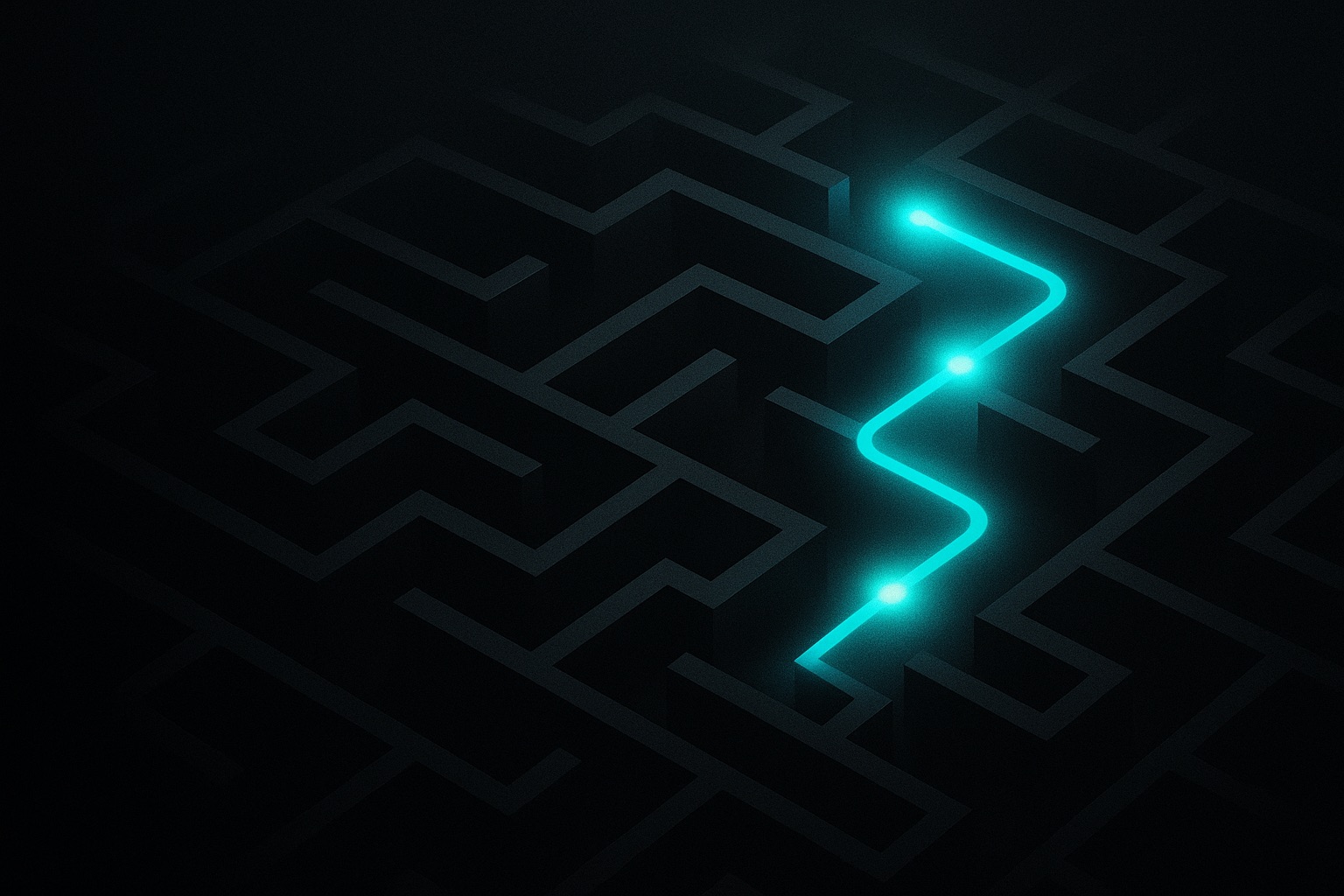 A maze viewed from above with a glowing traced path and bright nodes marking hesitation points