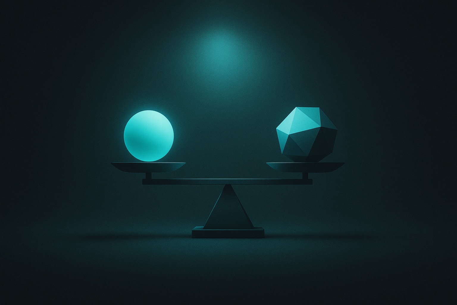 A balance scale holding a soft organic sphere and a faceted geometric polyhedron in equilibrium
