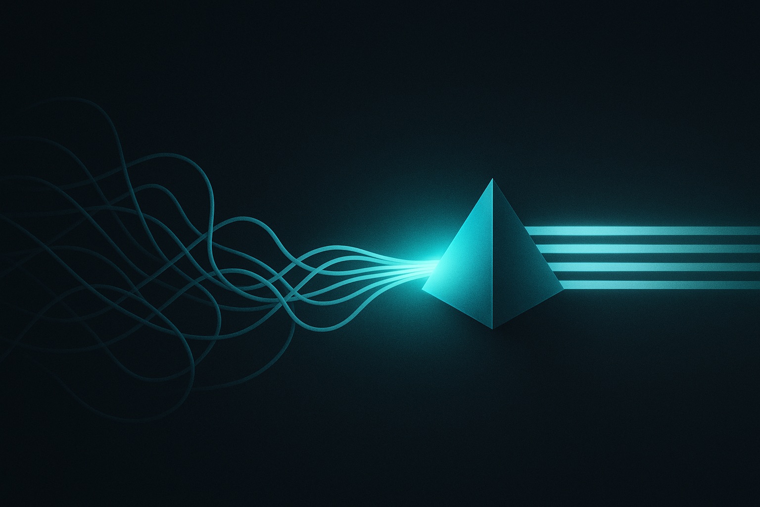 Tangled threads of light passing through a prism and emerging as orderly parallel bands