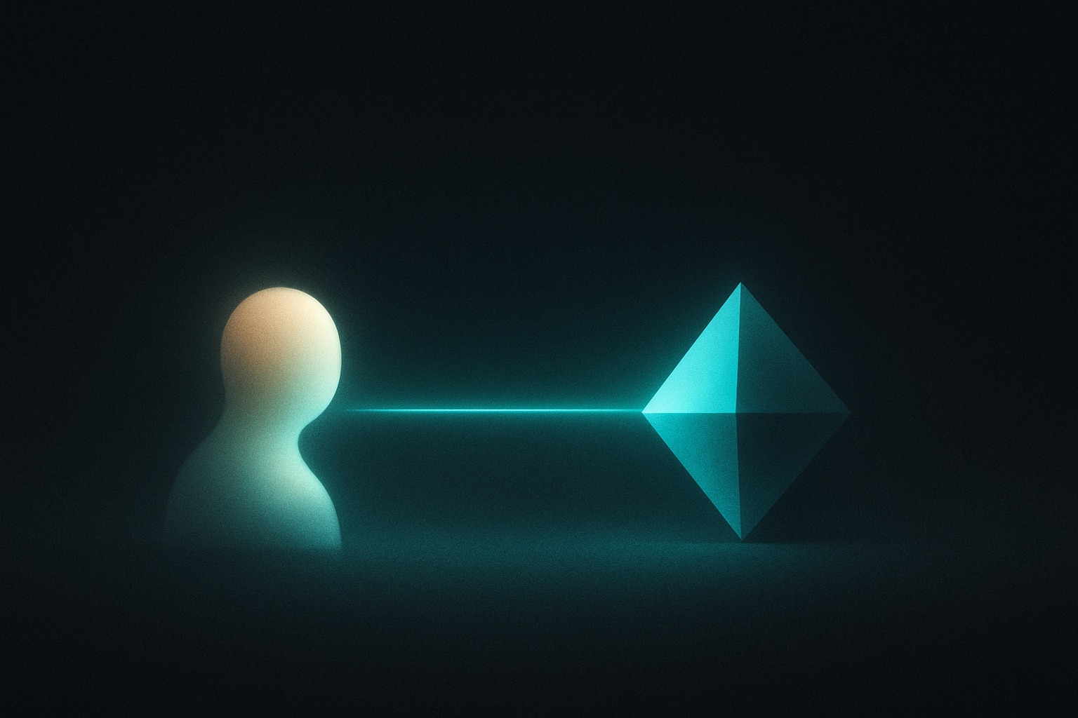 A soft human figure and a glowing crystalline form facing each other, connected by a thin thread of light