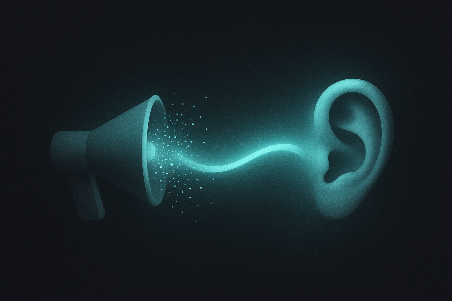 A megaphone dissolving into particles that reform into a listening ear