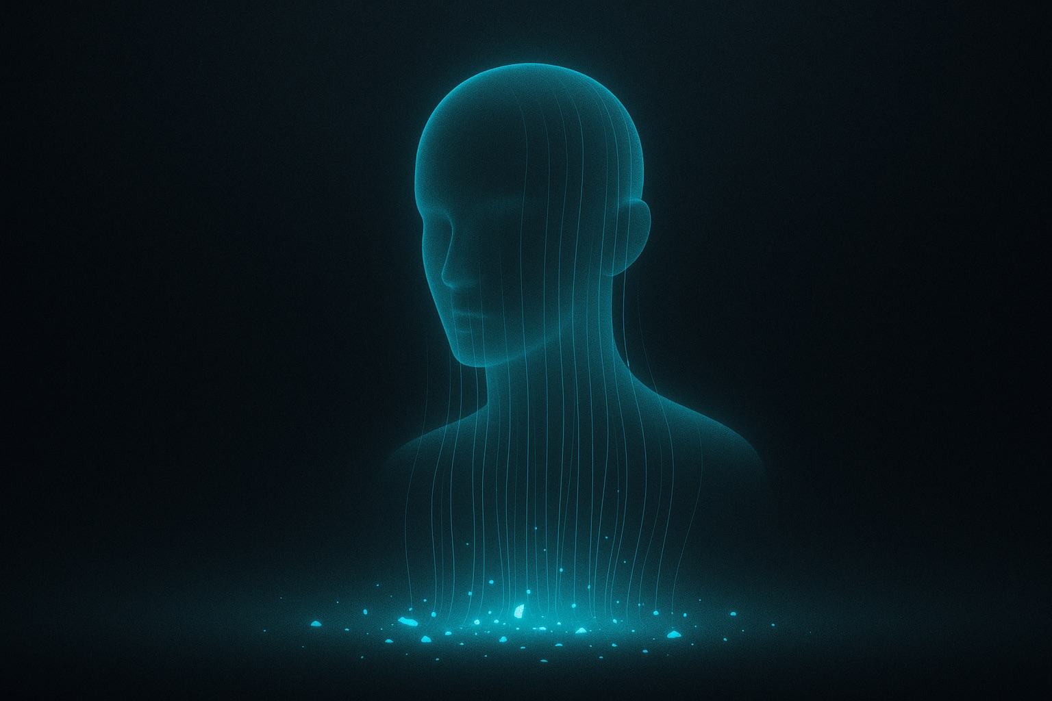 A translucent human bust woven from threads of light rising from glowing fragments
