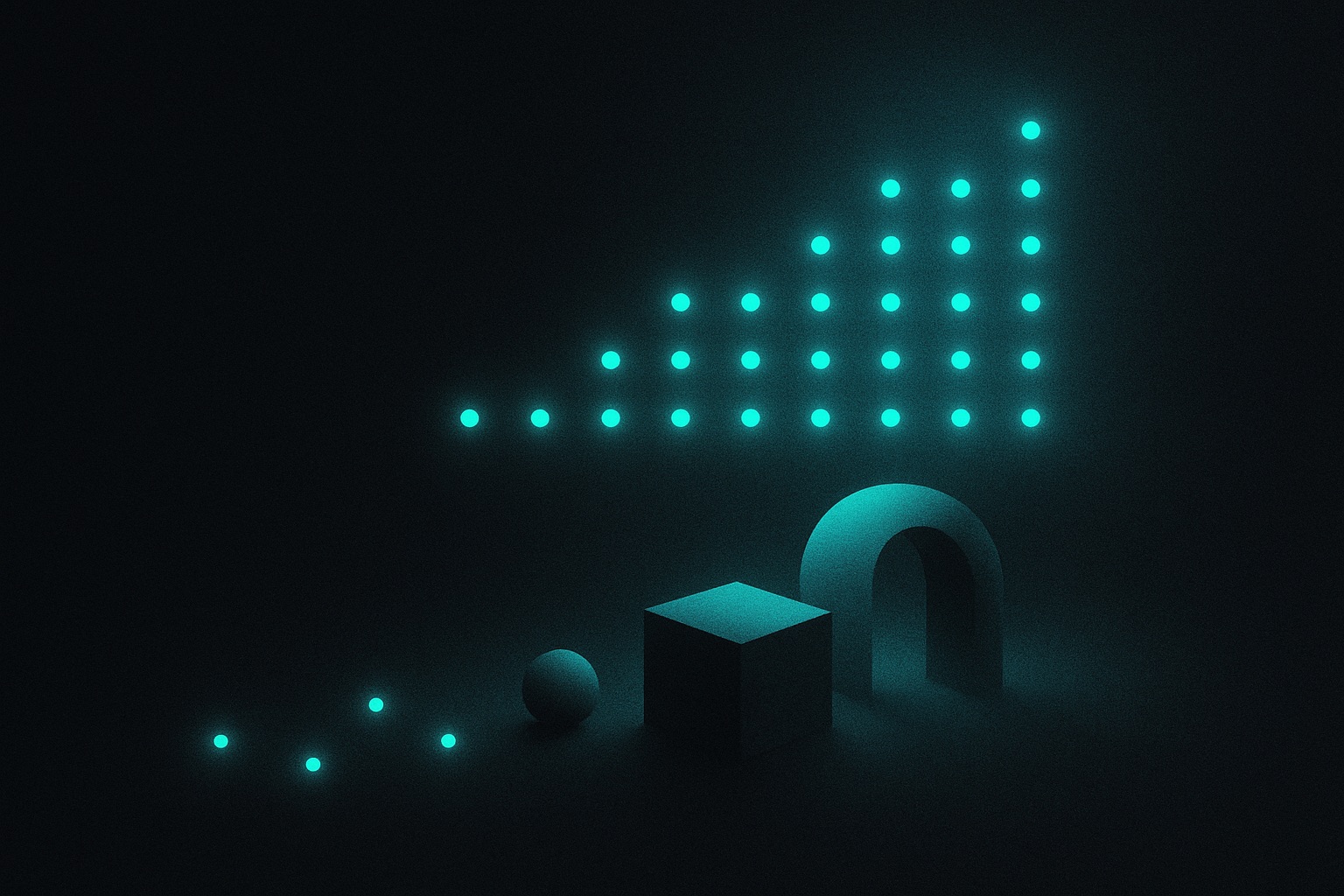 Five small points of light in the foreground with a vast constellation of luminous points resolving into a pattern behind them