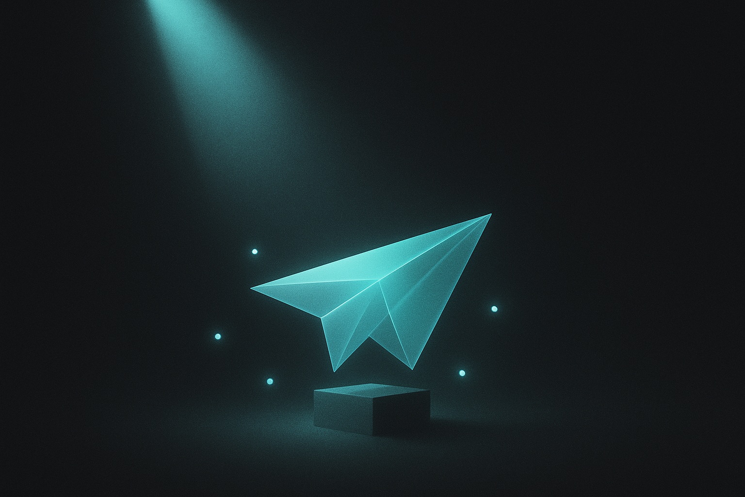 A translucent prototype form on a pedestal in a beam of light, ringed by small observing lights