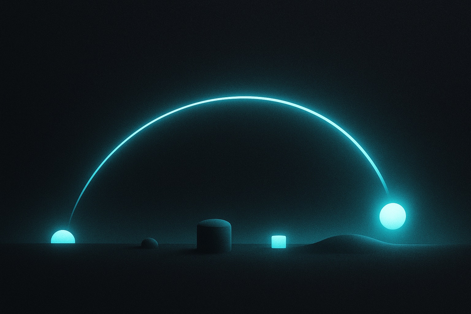 A luminous arc tracing across a dark sky above a miniature glowing landscape