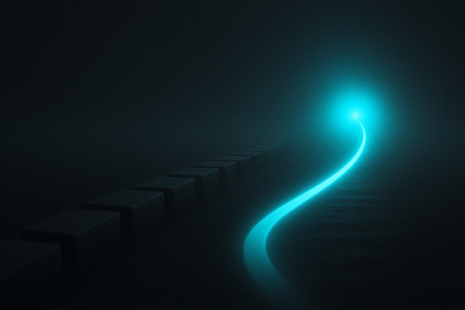 A row of heavy stone blocks fading into fog beside a single glowing arc of light reaching its destination