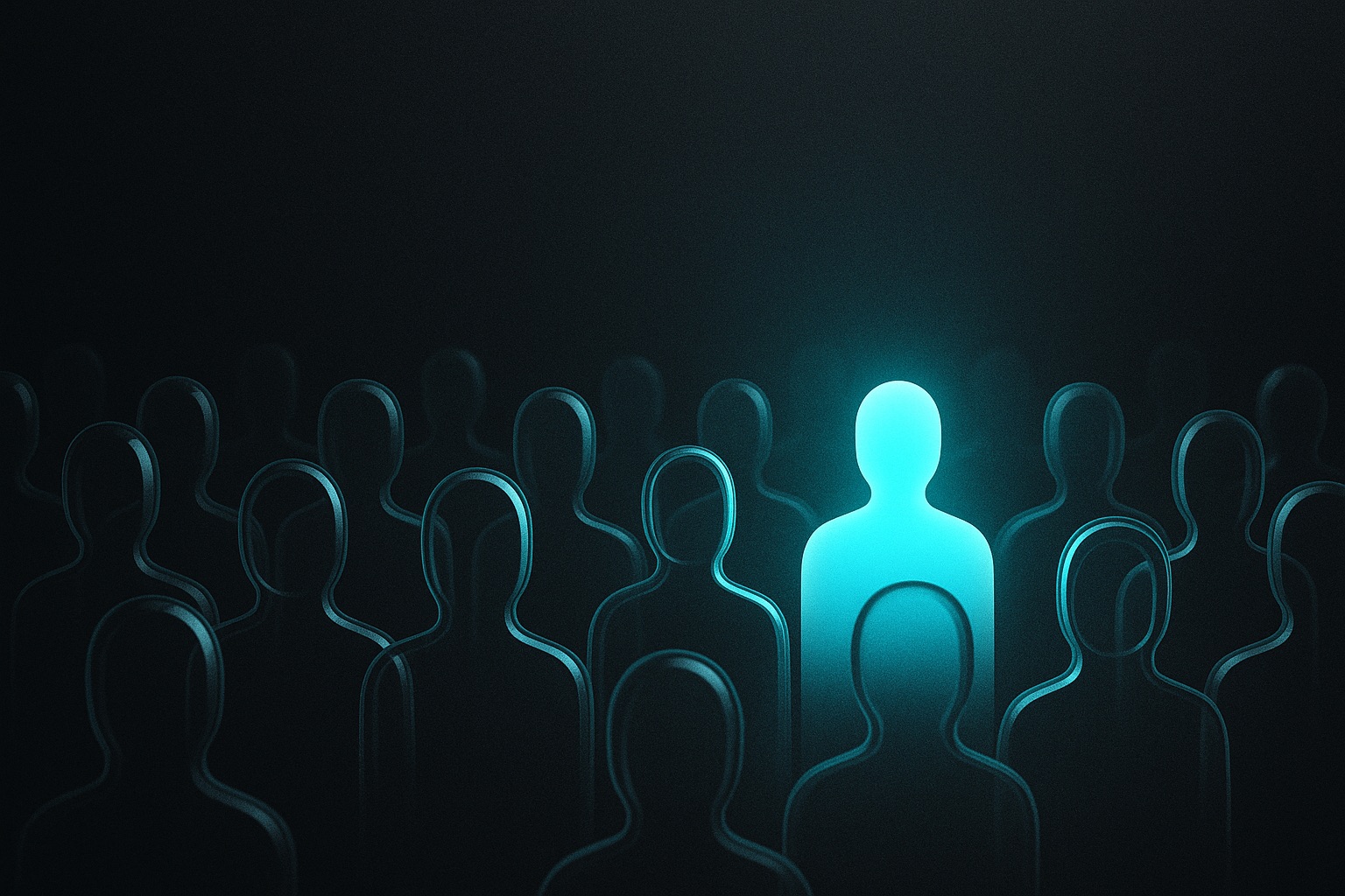 Rows of translucent glass figures with a single solid luminous figure standing among them