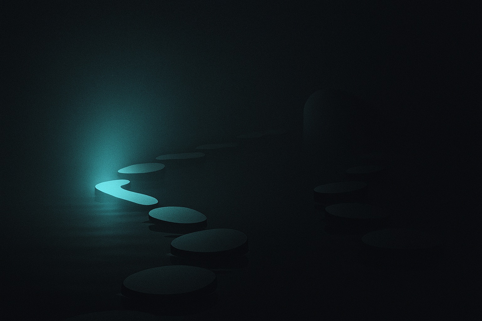 A branching stone path over dark water with one branch lit by a beam of light