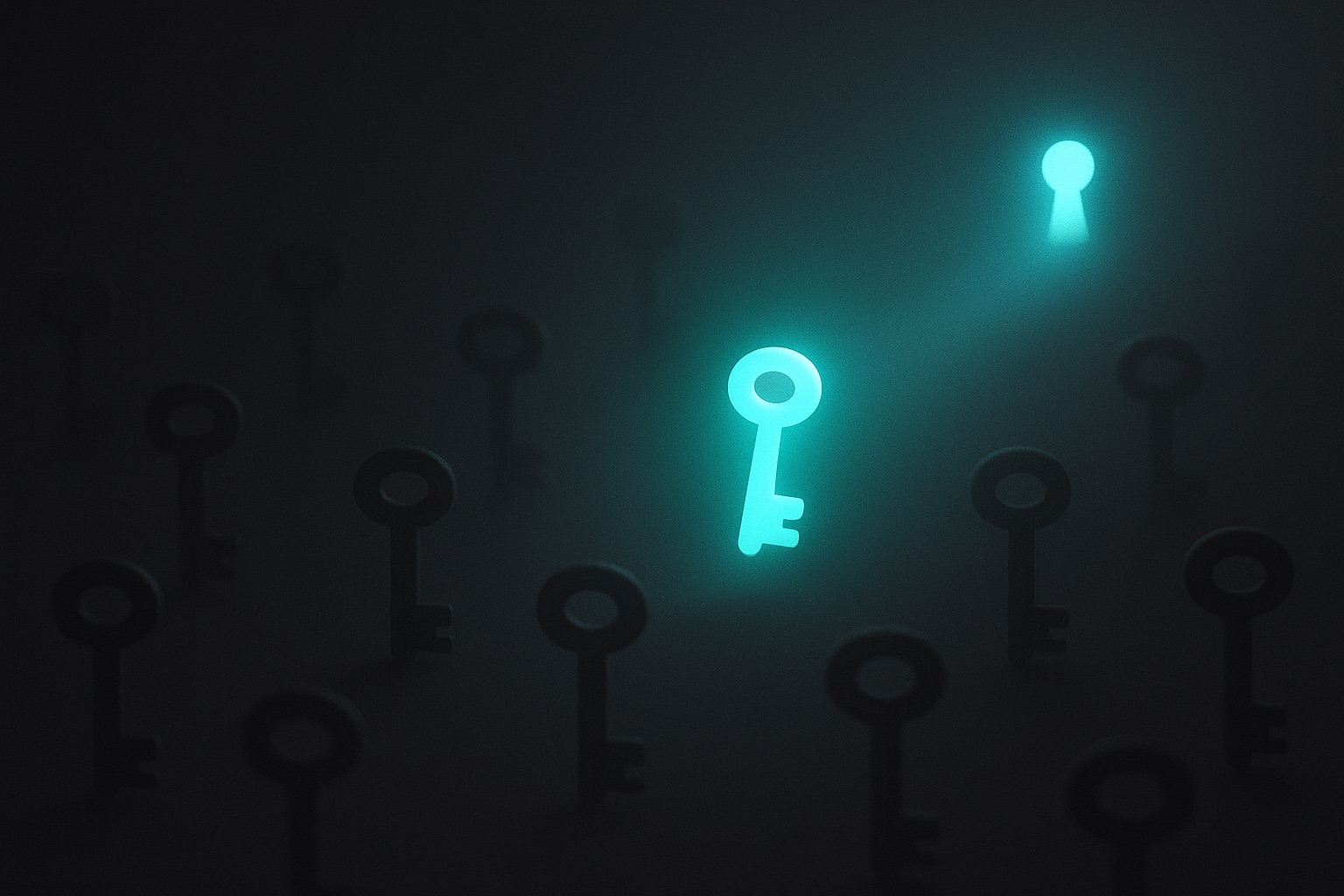 Many dim floating keys with a single radiant key approaching a glowing keyhole